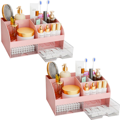 COMFYROOM Makeup Organizer pink model front view with multiple compartments