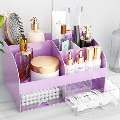COMFYROOM Makeup Organizer purple model front view with transparent drawers