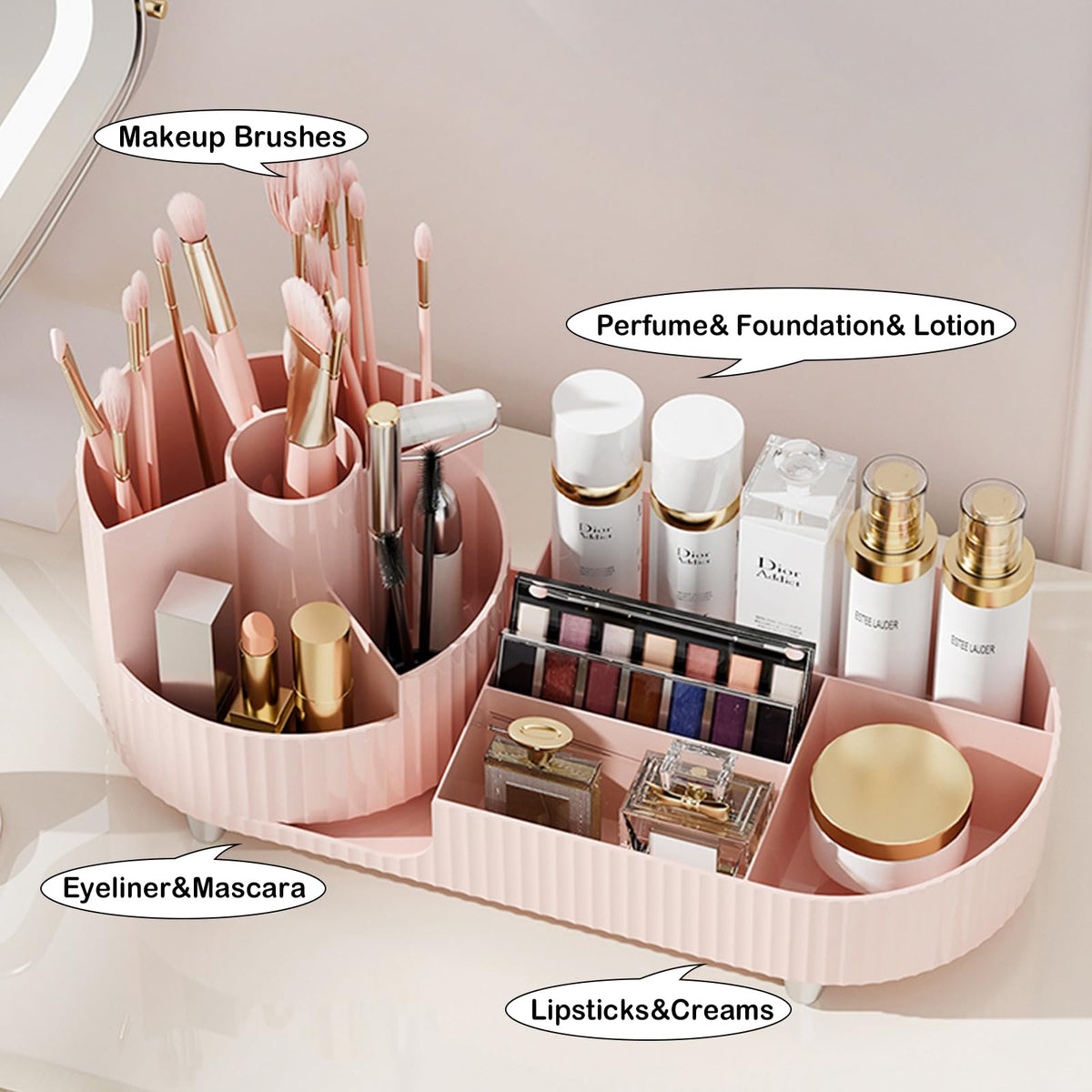 COMFYROOM Pink Rotating Vanity Organizer with cosmetics