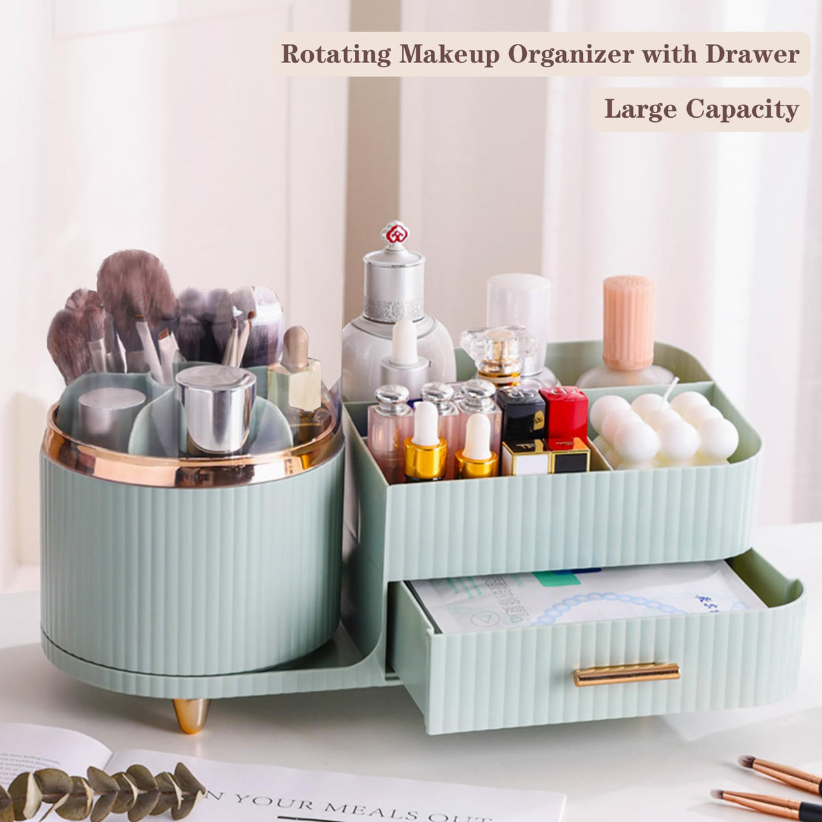COMFYROOM Rotating Makeup Organizer side view showing compartments