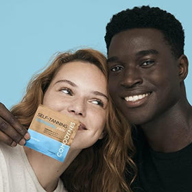 Comodynes Self-Tanning Wipes displayed with other skincare products