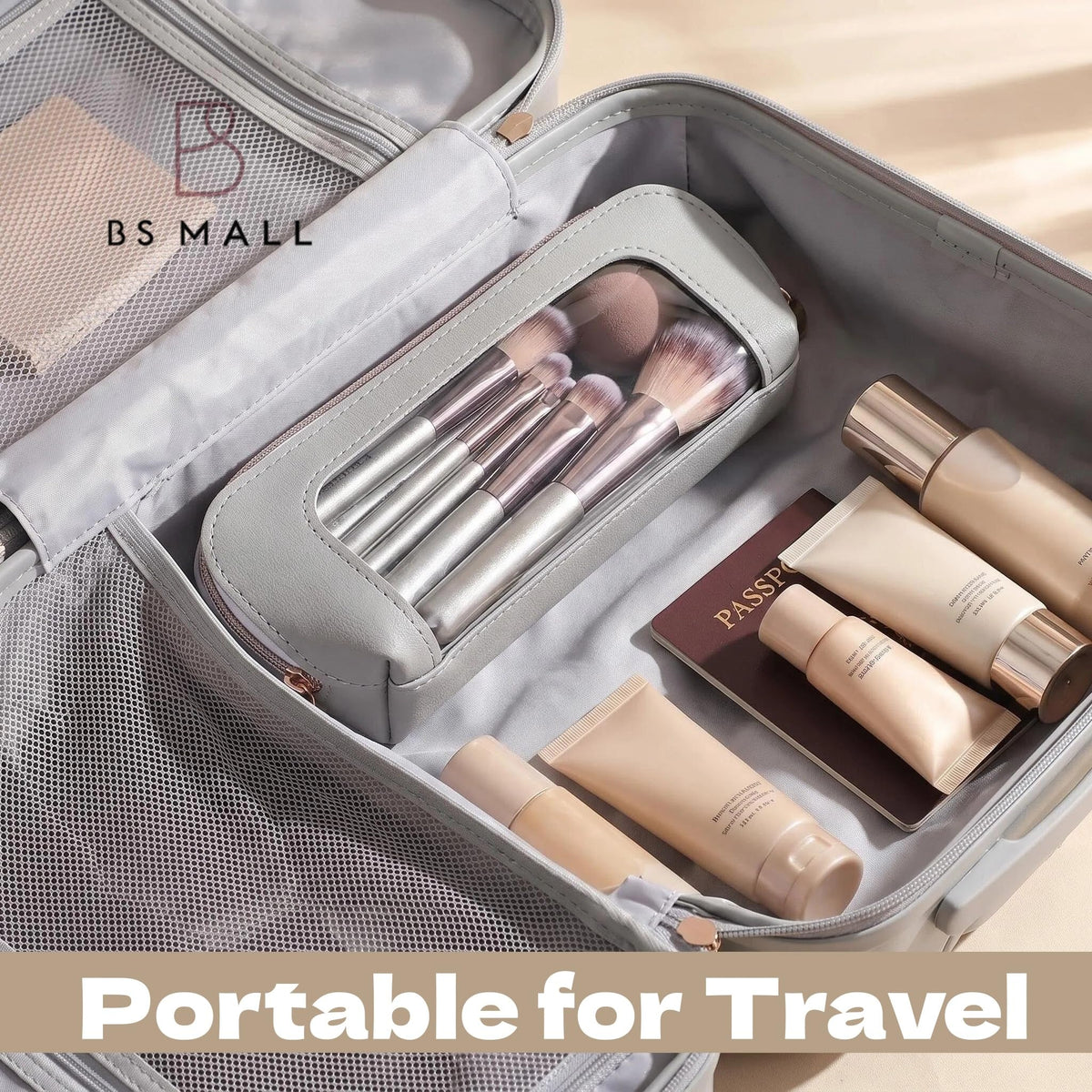 Compact BS-MALL makeup brush set in handbag
