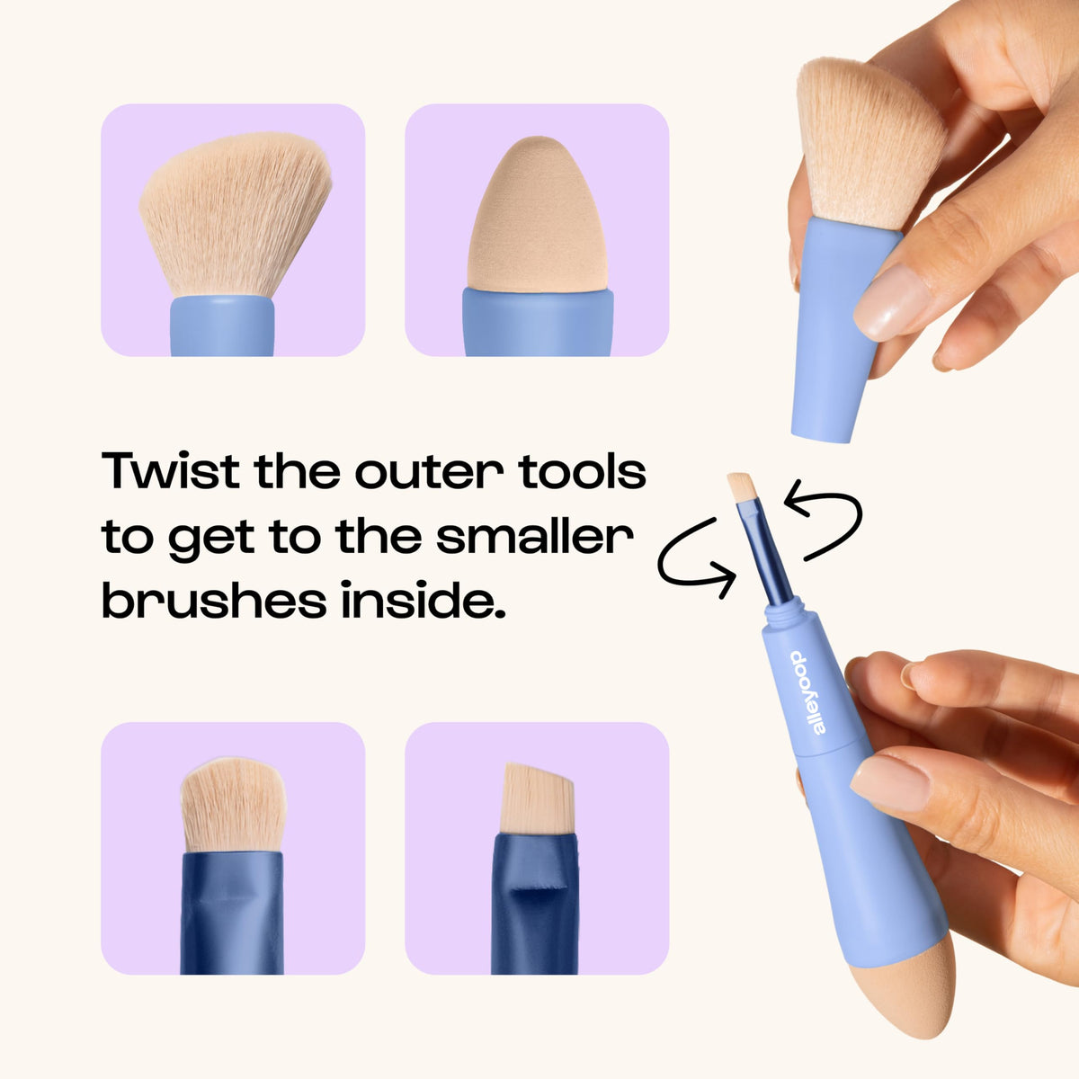 Compact design of ALLEYOOP Travel Makeup Brushes in a makeup bag