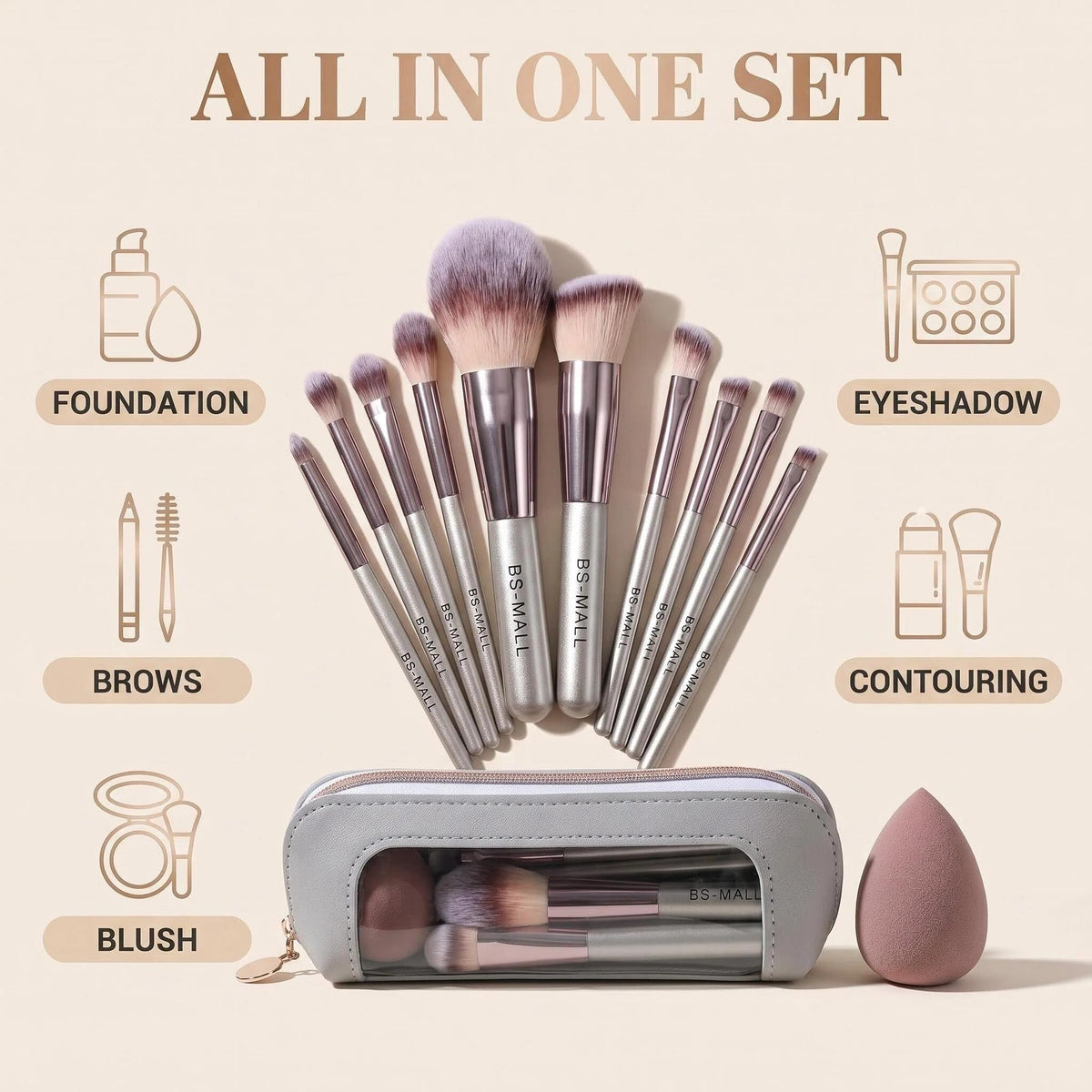 Complete set of BS-MALL 14 makeup brushes on display
