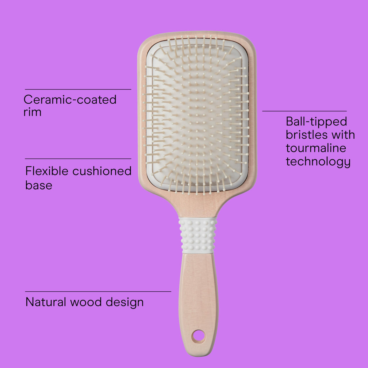Conair Ceramic Wood Paddle Hair Brush side view with nylon bristles