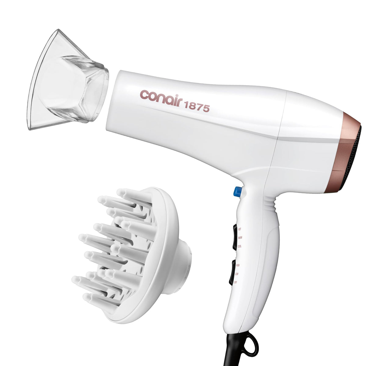 Conair Double Ceramic Hair Dryer front view with diffuser attachment