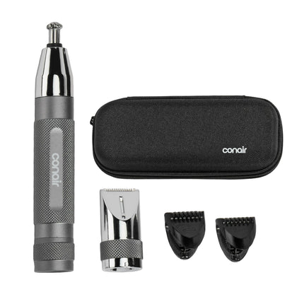 Conair Eyebrow & Nose Hair Trimmer front view with accessories