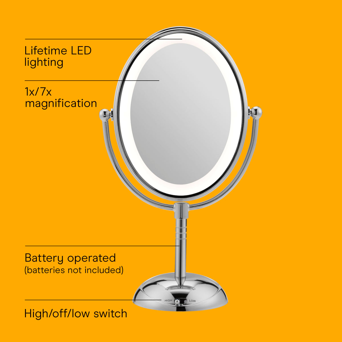 Conair Lighted Makeup Mirror showing 1X and 7X magnification