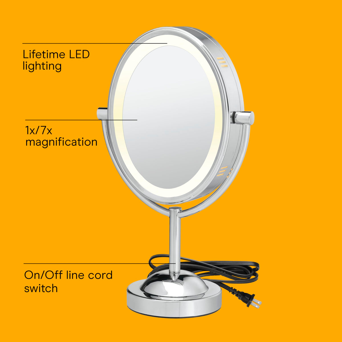 Conair Lighted Makeup Mirror side view showing 1X and 7X magnification