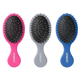 Conair Mini Hair Brush Set in pink, gray, and blue front view