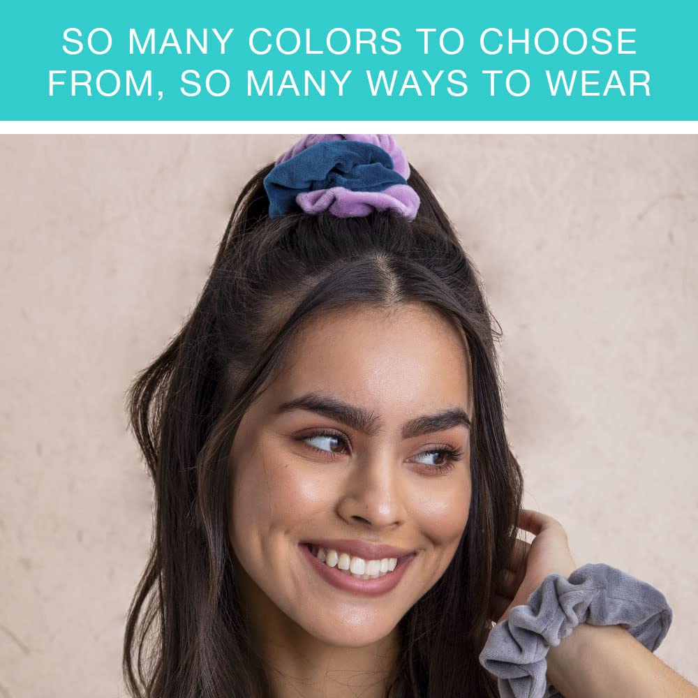 Conair velvet scrunchies displayed in a stylish arrangement