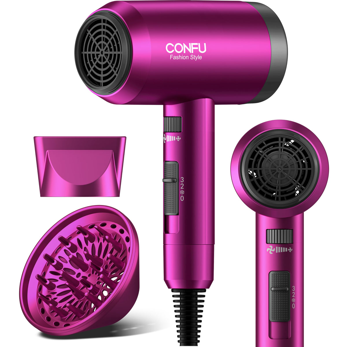 CONFU 1600W Hair Dryer front view with concentrator nozzle