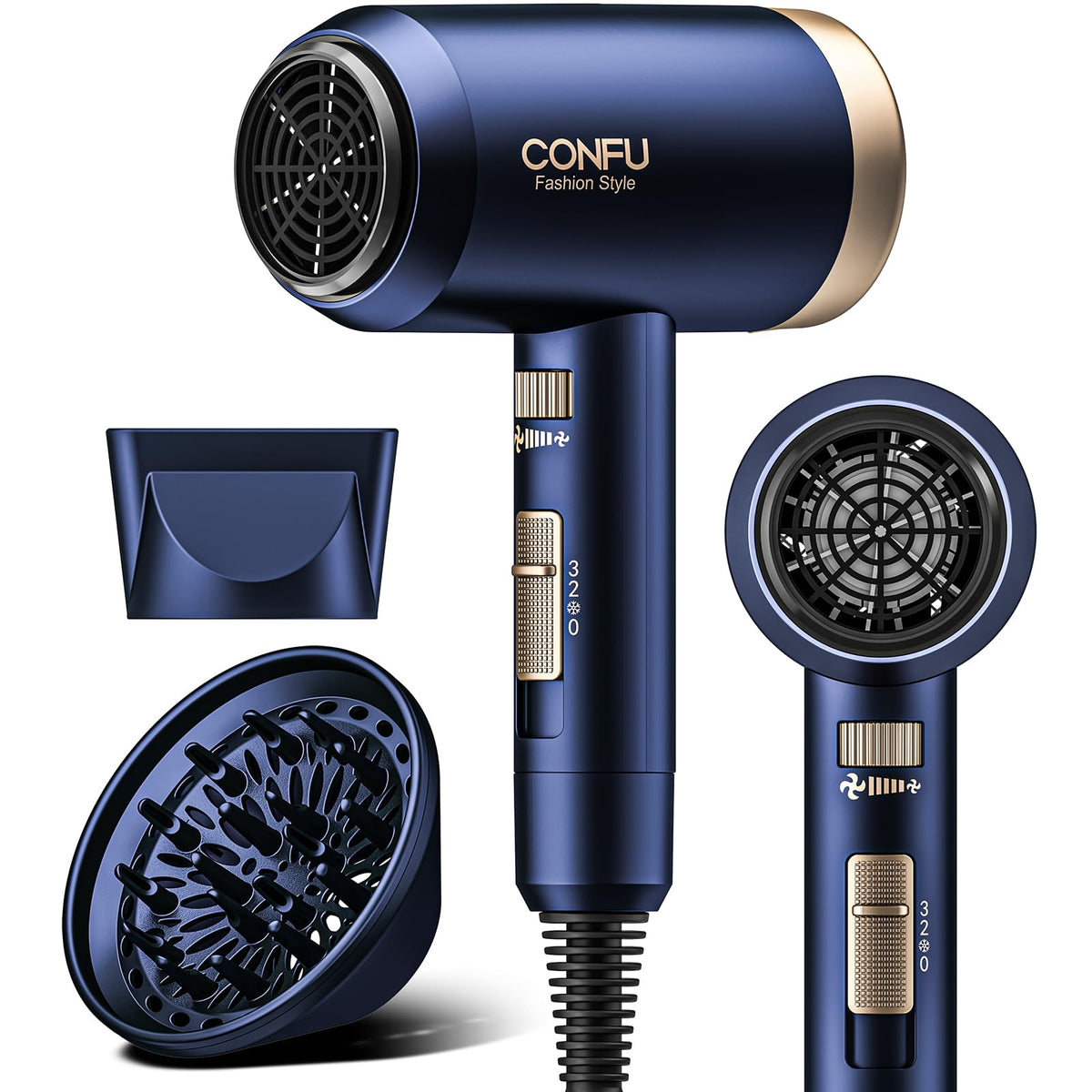 CONFU Hair Dryer 1600W front view with diffuser and concentrator