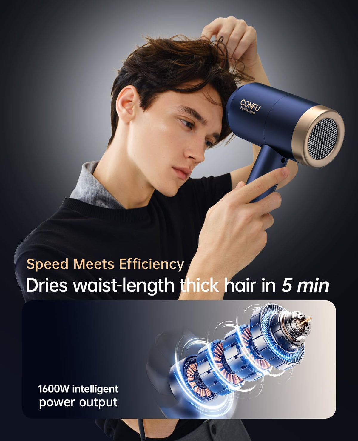 CONFU Hair Dryer 1600W side view showing temperature adjustment