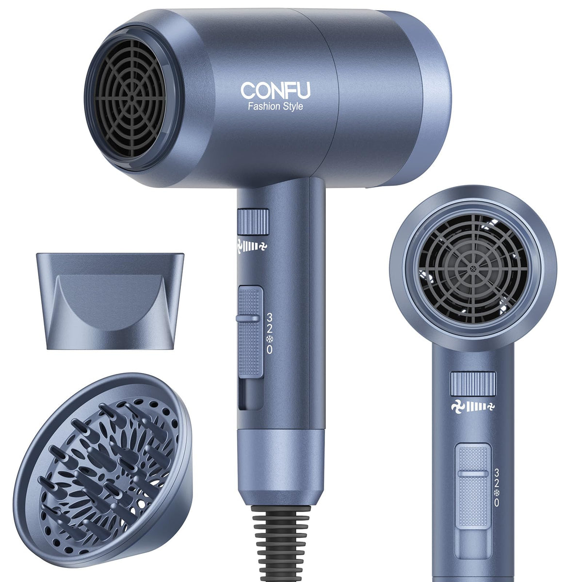 CONFU Hair Dryer front view with diffuser attachment
