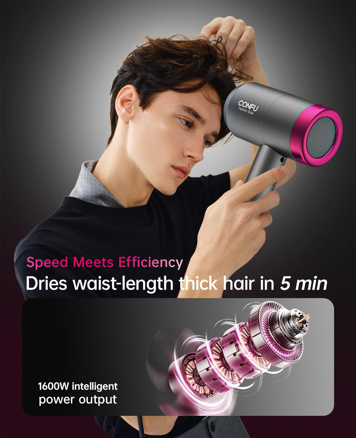 CONFU Ionic Hair Dryer 1600W side view showing concentrator nozzle