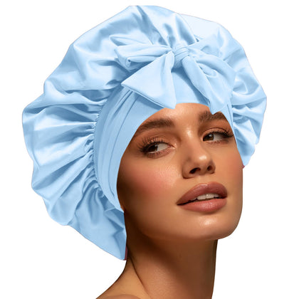 Confvrter silk bonnet front view in sky blue
