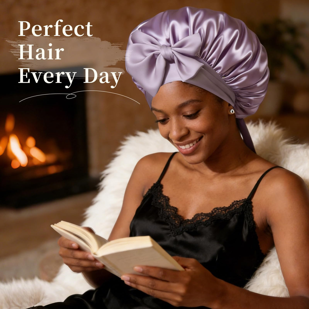 Confvrter Silk Bonnet purple on a pillow demonstrating fit