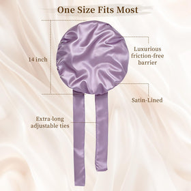 Confvrter Silk Bonnet purple tied in a bow on a model