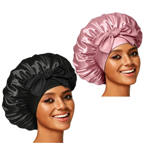 Confvrter Silk Bonnet Set in Bean Paste Pink and Black front view