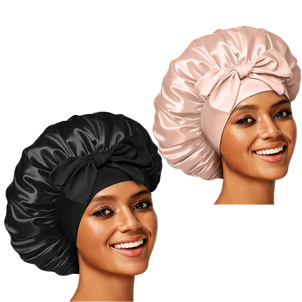 Confvrter Silk Bonnet Set in Black and Champagne front view