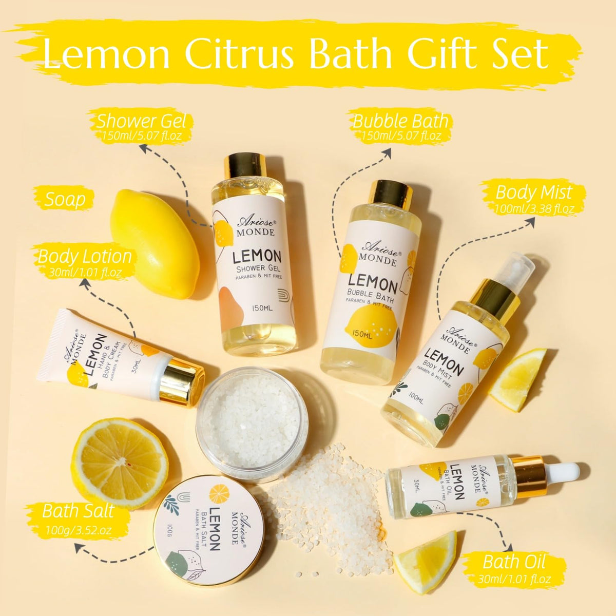Contents of ArioseMonde Lemon Scent Bath Spa Gift Box Set displayed