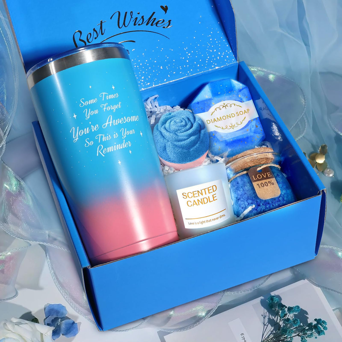 Contents of BodyRefresh Spa Gift Basket including tumbler and candles