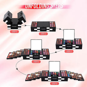 Contents of MISS ROSE M makeup kit displayed on a vanity