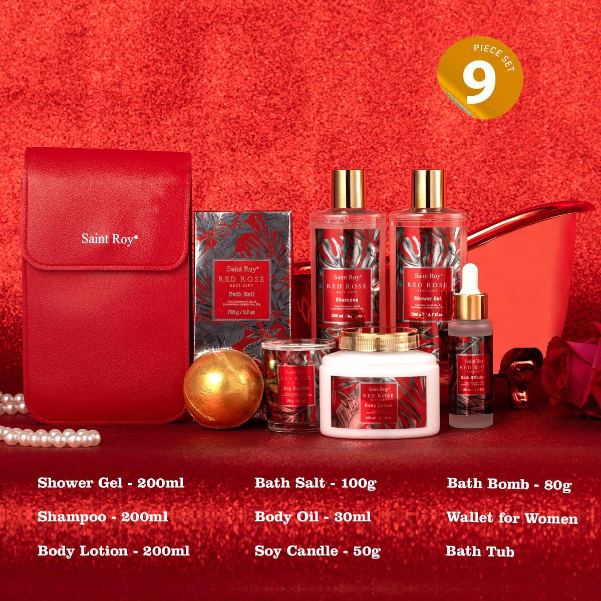 Contents of Saint Roy Spa Gift Basket arranged in reusable bath tub