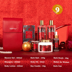 Contents of Saint Roy Spa Gift Basket arranged in reusable bath tub