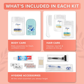 Contents of TREKTOTE Women's Travel Hygiene Kit including toiletries