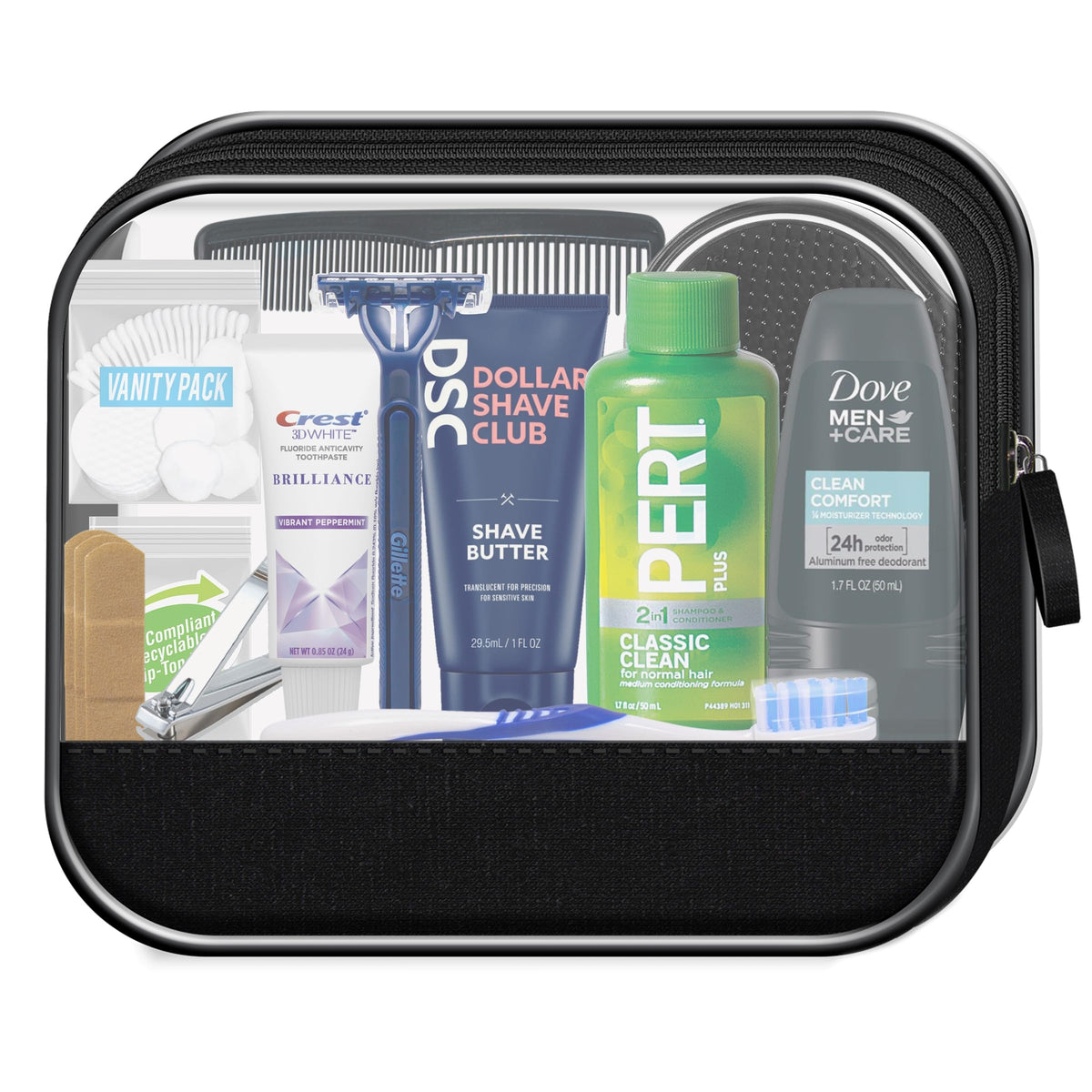 Convenience Kits International Men's toiletry kit contents laid out