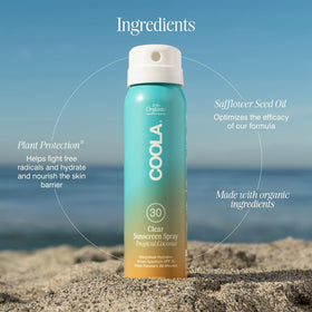 COOLA Organic Sunscreen SPF 30 Spray displayed with sun hat and sunglasses