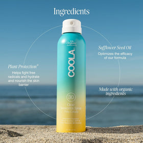 COOLA Organic Sunscreen SPF 30 Spray with natural ingredients displayed