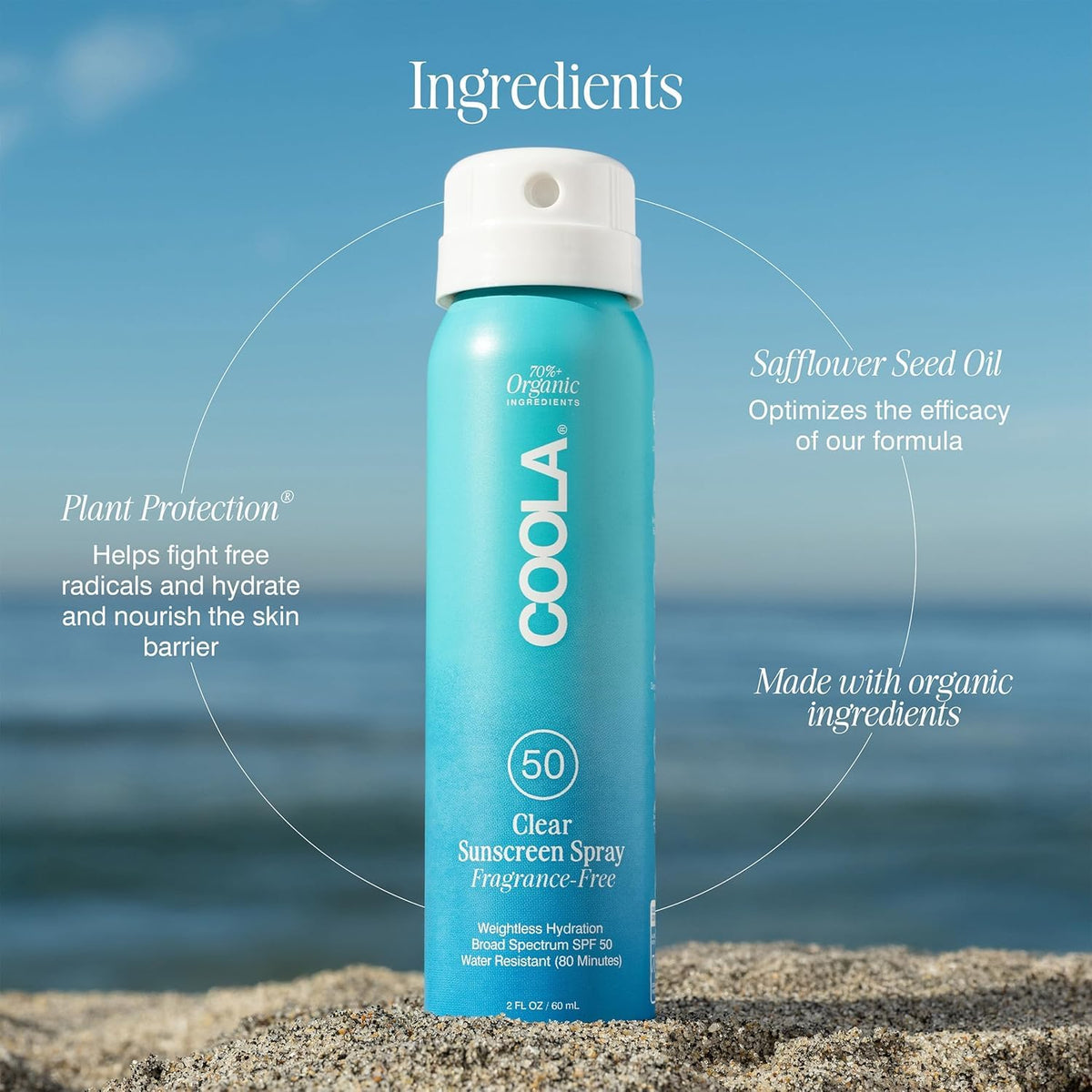 COOLA Organic Sunscreen SPF 50 spray in outdoor setting