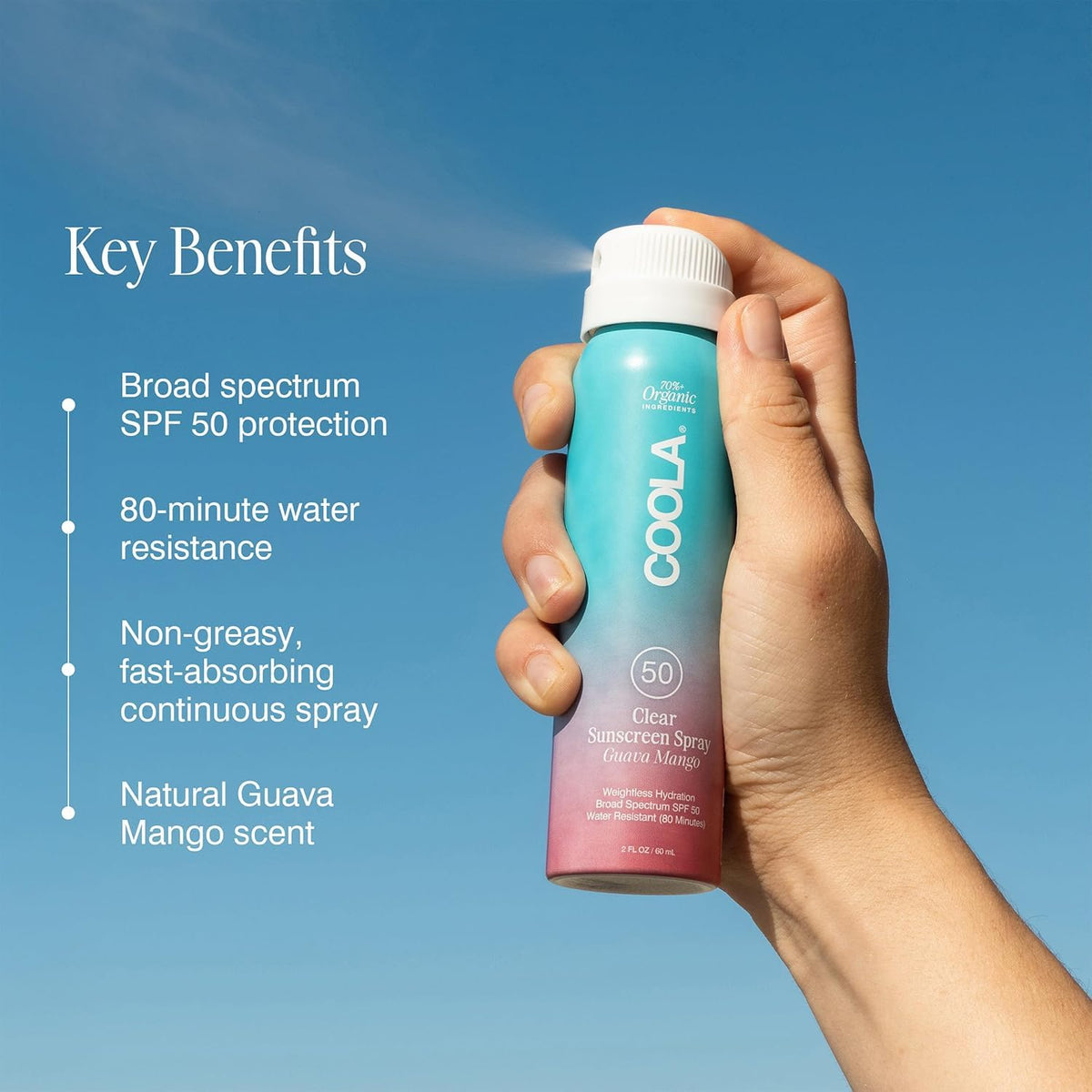 COOLA Organic Sunscreen Spray SPF 50 Guava Mango bottle with misting nozzle