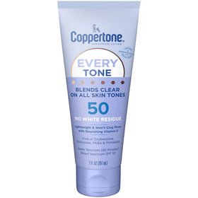 Coppertone Every Tone Sunscreen Lotion SPF 50 front view of 7 Fl Oz tube
