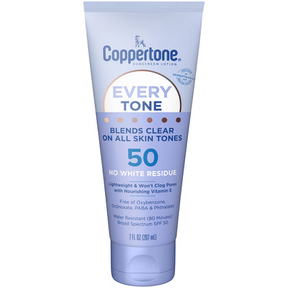 Coppertone Every Tone Sunscreen Lotion SPF 50 front view of 7 Fl Oz tube