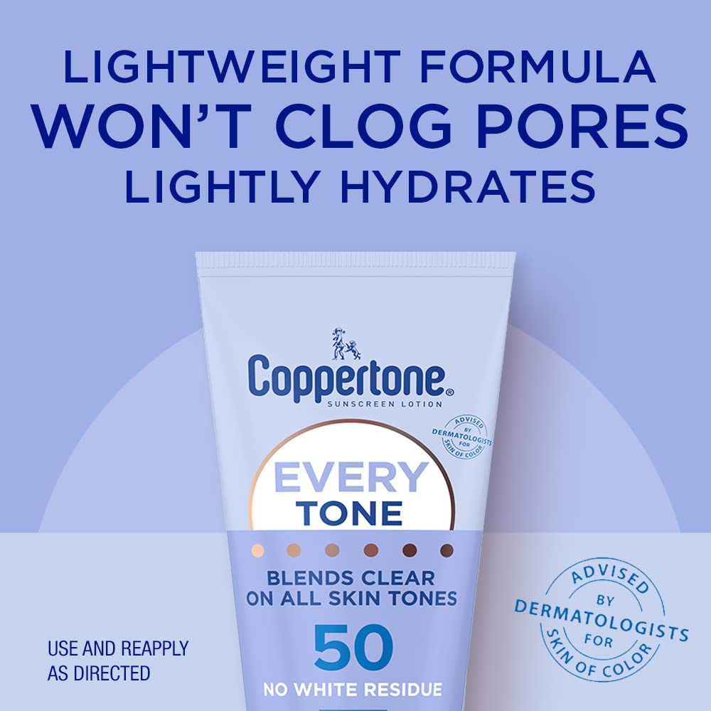Coppertone Every Tone Sunscreen Lotion SPF 50 side view showing packaging details