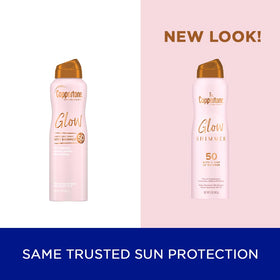 Coppertone Glow Shimmering Sunscreen Spray SPF 50 bottle close-up