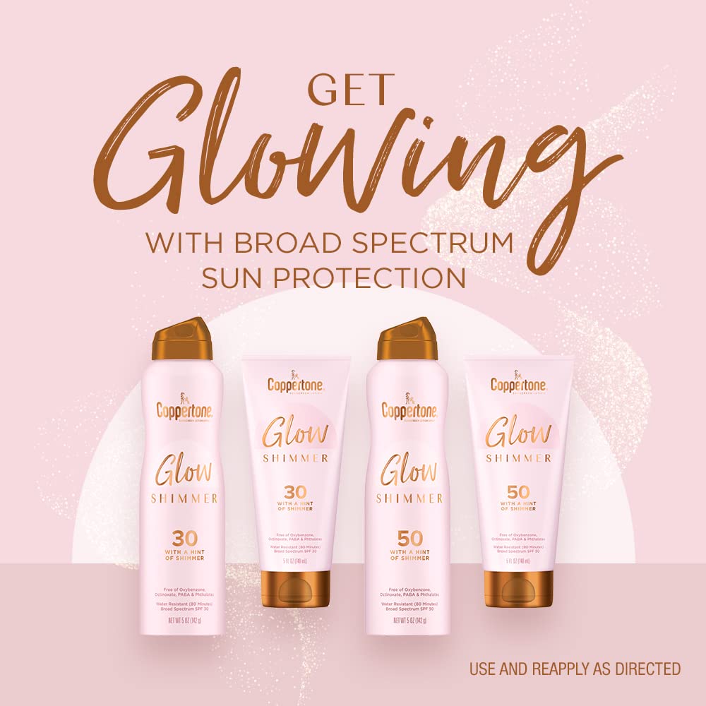 Coppertone Glow with Shimmer SPF 30 Spray Sunscreen application on skin
