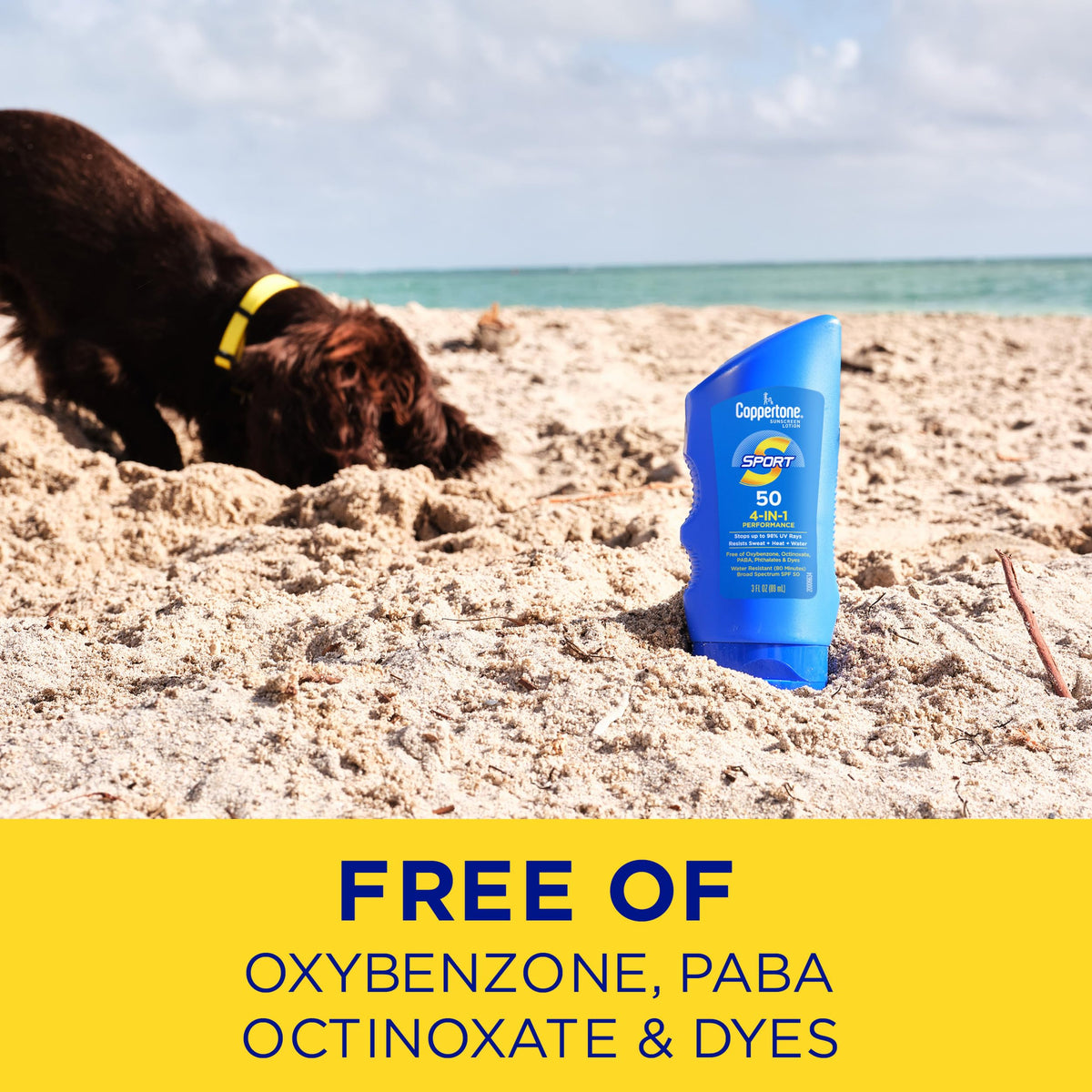 Coppertone SPORT Sunscreen Lotion SPF 50 in use at the beach