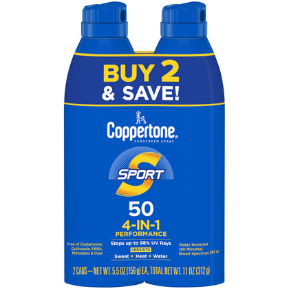 Coppertone Sport Sunscreen Spray SPF 50 front view with continuous sprayer