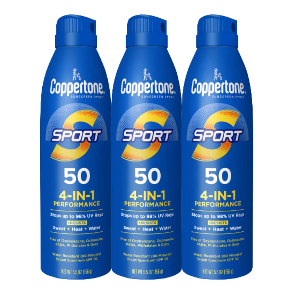 Coppertone Sport Sunscreen Spray SPF 50, three bottles front view
