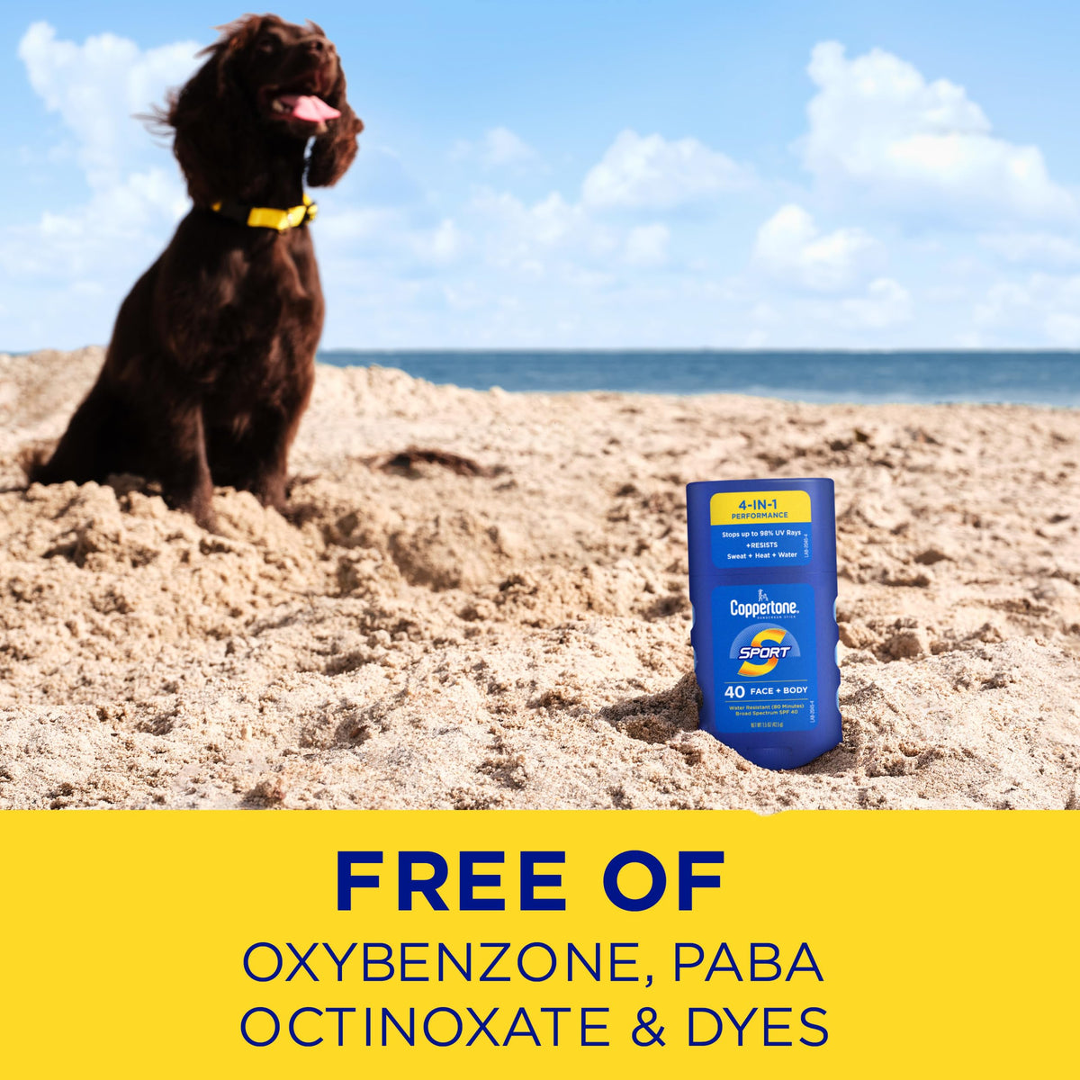 Coppertone Sport Sunscreen Stick SPF 40 on a beach bag