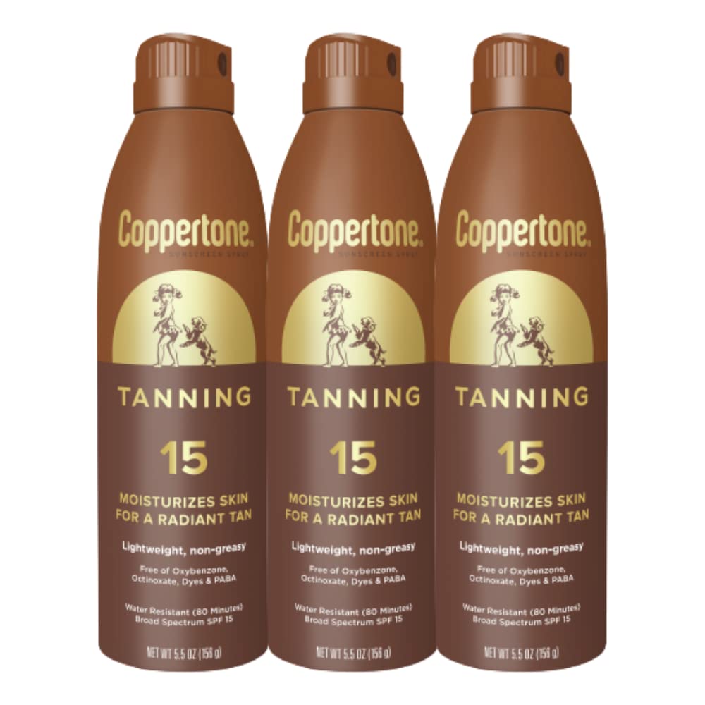 Coppertone Tanning Sunscreen Spray SPF 15 front view, 5.5 FL OZ bottle