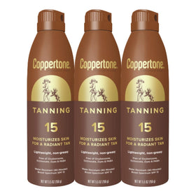 Coppertone Tanning Sunscreen Spray SPF 15 front view, 5.5 FL OZ bottle