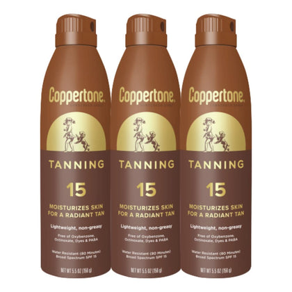 Coppertone Tanning Sunscreen Spray SPF 15 front view, 5.5 FL OZ bottle