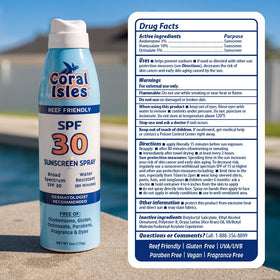 Coral Isles SPF 30 Spray Sunscreen ingredients list on packaging