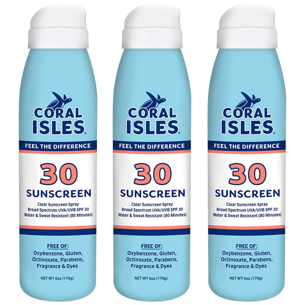 Coral Isles SPF 30 Spray Sunscreen three-pack with bottles front view